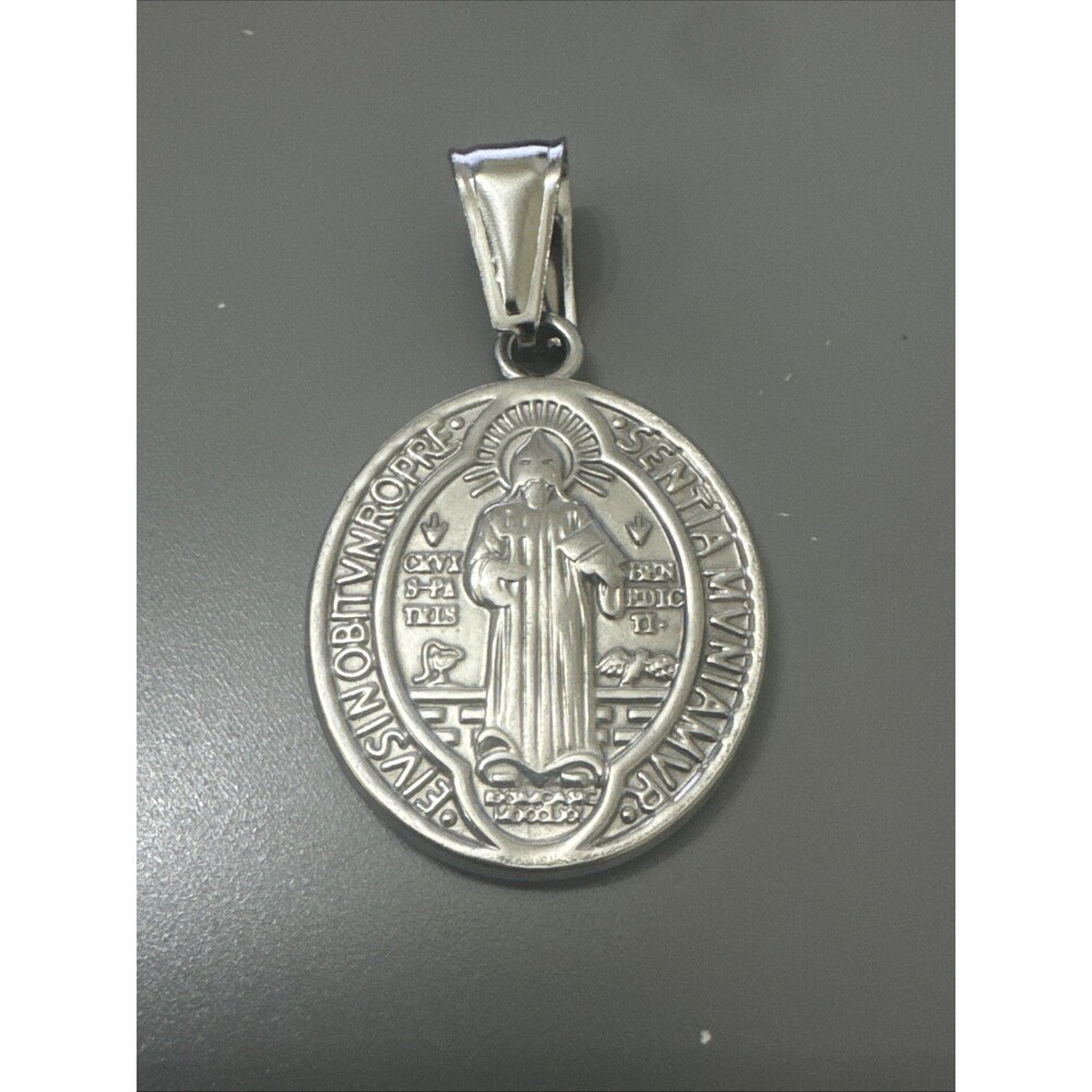 Saint Benedict Medal Silver Pendant 24” Chain Stainless Steel Jesus Christ Gift